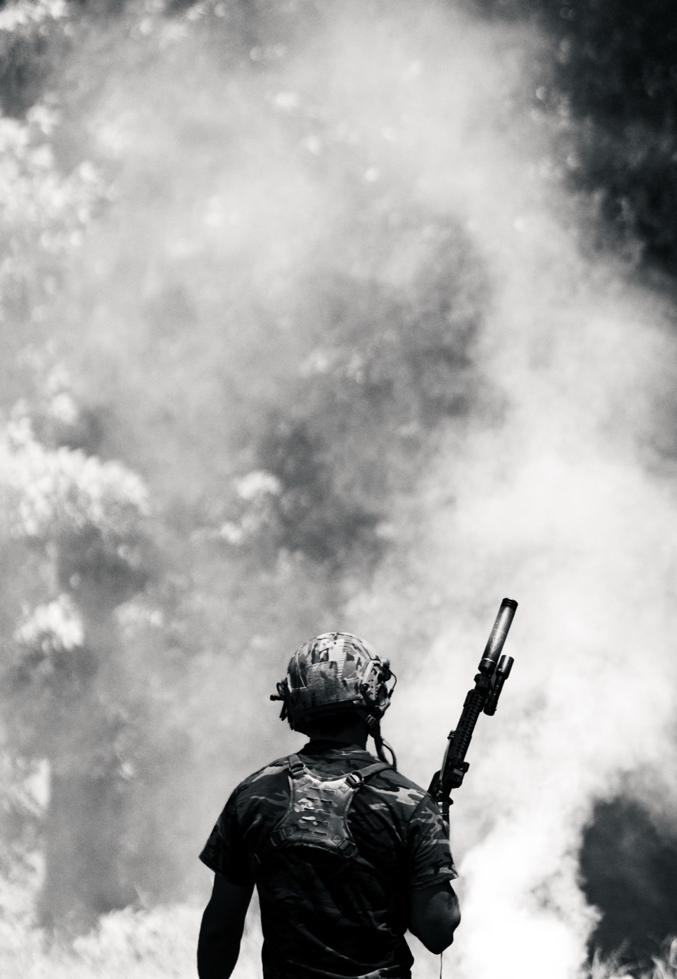 Black and white silhouette in heavy smoke